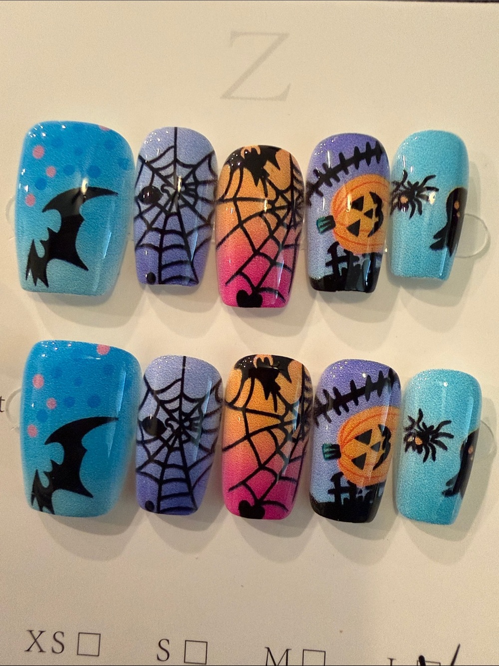Halloween Spider & Pumpkins handmade press on  Nail Set - Blue, Purple, Orange